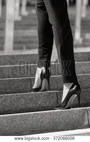 Closeup Woman Have Pain In Leg Because Wearing Highheels. Conception About Carrer And Business