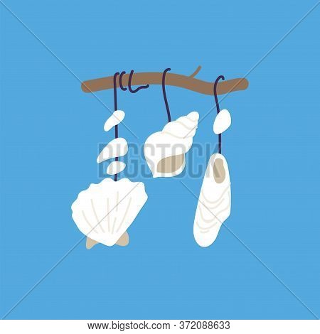 Vector Illustration Of A Garland With Different Seashells. Handmade Decor.