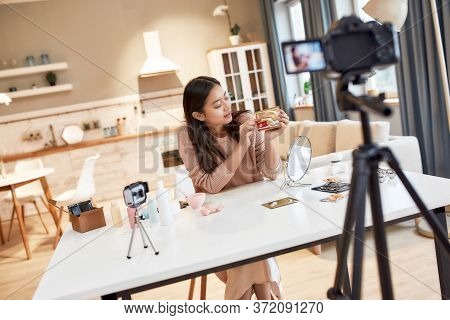 Young Female Blogger Recording A Tutorial Video For Her Beauty Blog About Skincare Routine. Vlogger 
