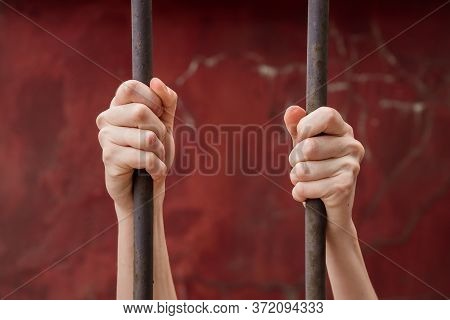 The Girl\'s Hands Gripped The Metal Bars. Symbol Of Violation Of Women\'s Rights