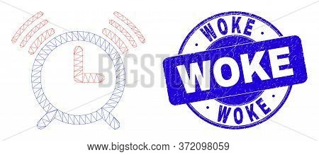 Web Carcass Alarm Clock Pictogram And Woke Stamp. Blue Vector Round Scratched Stamp With Woke Messag