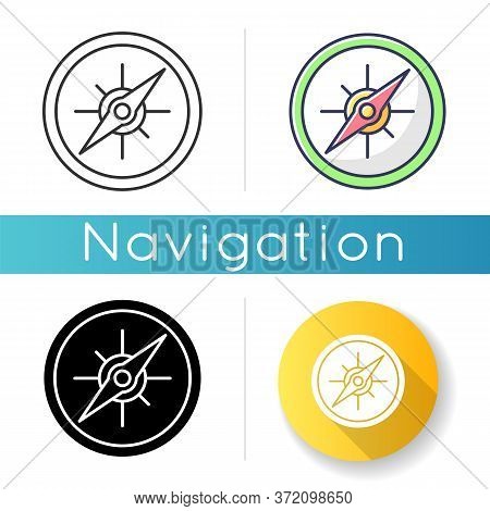 Compass Icon. Marine And Land Navigation, Direction Guide Tool. Linear Black And Rgb Color Styles. T