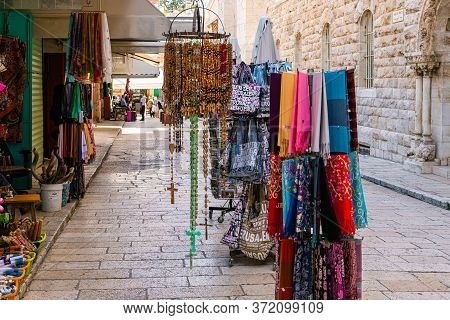 Jerusalem, Israel, June 13, 2020 : Souvenir Stands In The Shop Of A Souvenir Merchant On Muristan St