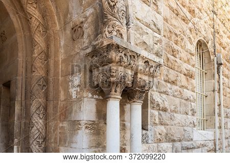 Jerusalem, Israel, June 13, 2020 : Ornate Stone Pillars At The Entrance To Lutheran Church Of The Re
