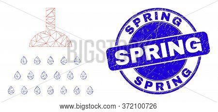 Web Mesh Shower Pictogram And Spring Seal. Blue Vector Rounded Textured Seal With Spring Phrase. Abs