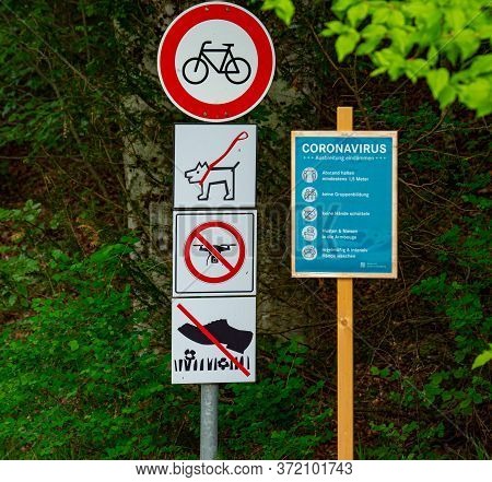 Restriction Signs At Linderhof Castle In Bavaria Germany - Linderhof, Germany - May 27, 2020
