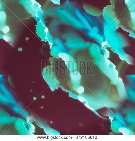 Seamless Acrylic Background. Alcohol  Ink Texture. Space Colors Wet Washed Print. Blue, Brown Natura