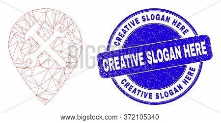 Web Mesh Service Map Pointer Icon And Creative Slogan Here Seal Stamp. Blue Vector Rounded Textured 
