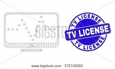 Web Mesh Online Dotted Chart Icon And Tv License Seal Stamp. Blue Vector Round Textured Seal Stamp W