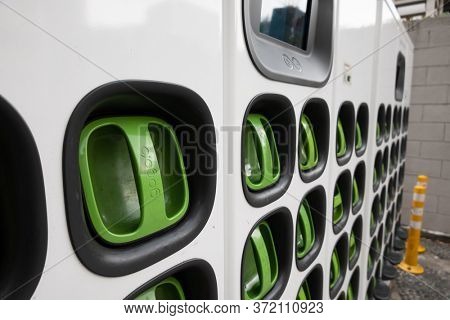 Taipei city, Taiwan - June 14th, 2020: charging station for battery packs of Taiwan-based Gogoro electronic motocycle at street in Taipei, Taiwan, Asia