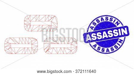 Web Mesh Bricks Icon And Assassin Stamp. Blue Vector Round Distress Watermark With Assassin Phrase. 