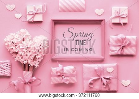 Pink Monochrome Spring Background With Pearl Hyacinth Flowers, Wrapped Gift Boxes And Decorative Hea