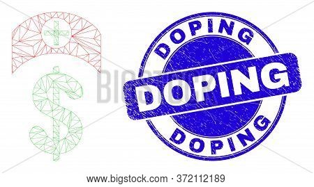 Web Mesh Medicine Price Icon And Doping Stamp. Blue Vector Round Textured Seal Stamp With Doping Mes