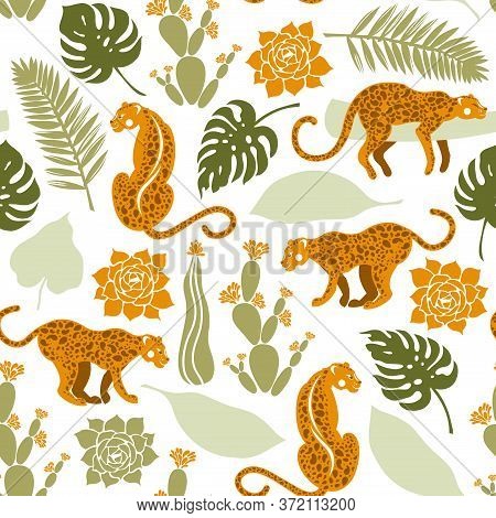 Seamless Pattern With Leopards In Tropical Leaves, Cacti And Succulents. Wildlife, Flora And Fauna. 