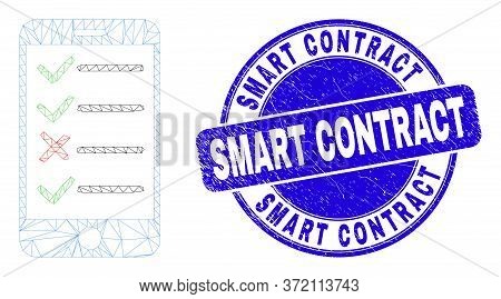 Web Mesh Smartphone Task List Icon And Smart Contract Seal Stamp. Blue Vector Round Distress Seal St