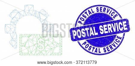 Web Mesh Financial Settings Gear Pictogram And Postal Service Seal. Blue Vector Round Grunge Seal Wi