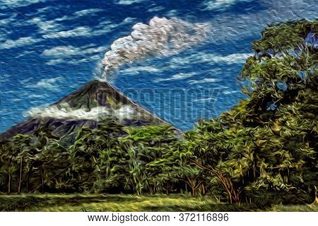 Ash Cloud Coming From The Vent Of The Arenal Volcano In The Middle Of The Forest. A Famous Volcano C