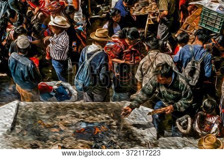 Folkloric Market With Indigenous People Wearing Typical Colorful Clothes In Chichicastenango. A Cute