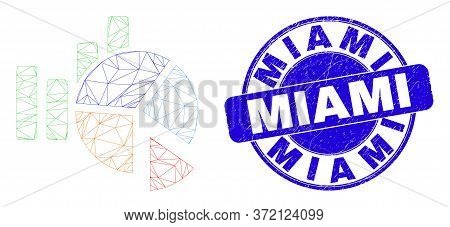 Web Mesh Statistics Charts Icon And Miami Seal. Blue Vector Rounded Textured Watermark With Miami Ca