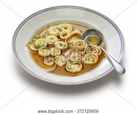 austrian and south germany sliced pancake soup, frittatensuppe, pfannkuchensuppe