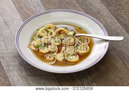 austrian and south germany sliced pancake soup, frittatensuppe, pfannkuchensuppe