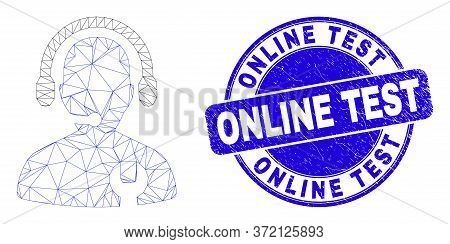 Web Mesh Call Center Serviceman Pictogram And Online Test Seal Stamp. Blue Vector Round Distress Sea