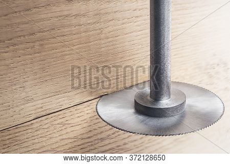 Cnc Milling Machine Cutting Wooden Oak Board. End Mill Make Hole In Timber Board.