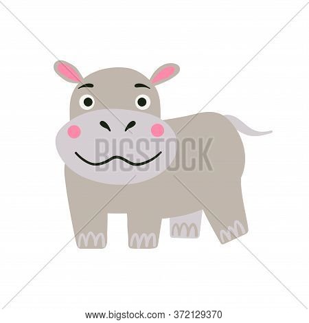 Cute Hippo Character. Simple Cartoon Vector Style Illustration Of Animal, Isolated On White Backgrou