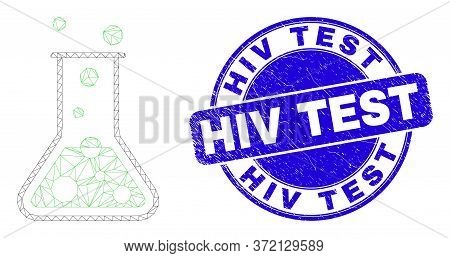 Web Carcass Chemical Retort Icon And Hiv Test Seal Stamp. Blue Vector Rounded Scratched Seal Stamp W