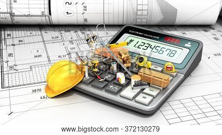 Modern Construction Costing Concept Hard Hat Bricks And Tape Measure In The Drawings Next To The Cal