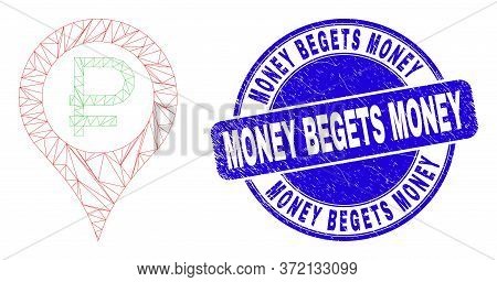 Web Mesh Rouble Map Marker Pictogram And Money Begets Money Seal Stamp. Blue Vector Rounded Textured