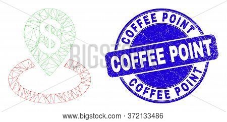 Web Mesh Bank Location Icon And Coffee Point Seal. Blue Vector Rounded Textured Seal With Coffee Poi
