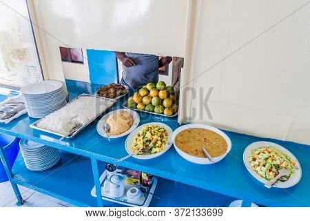 Pasur, Bangladesh - November 13, 2016: Buffet Lunch Aboard M. V. Dinghy Ship Of The Bengal Tours Ltd
