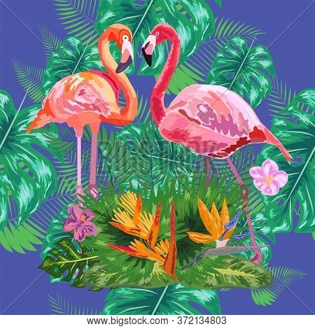 Trendy Seamless Pattern Pink Flamingo Birds Couple. Bright Camelia Flowers. Tropical Monstera Philod