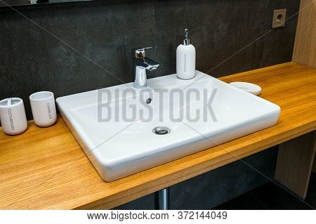 Washstand In Modern And Contemporary Bathroom Detail In A Luxury Home, Tap Chrome Faucet Washstand