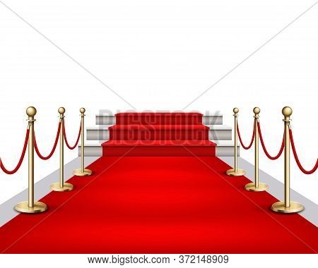 Vector Illustration Red Event Carpet And Golden Barriers Realistic Illustration In White Background.