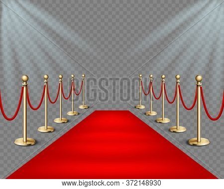 Vector Illustration Red Event Carpet And Golden Barriers With Lights Projectors. Realistic Illustrat