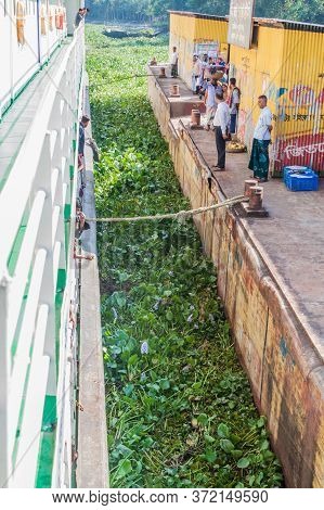 Hularhat, Bangladesh - November 19, 2016: Ship Is Closing To Hularhat Launch Ghat Pier , Bangladesh