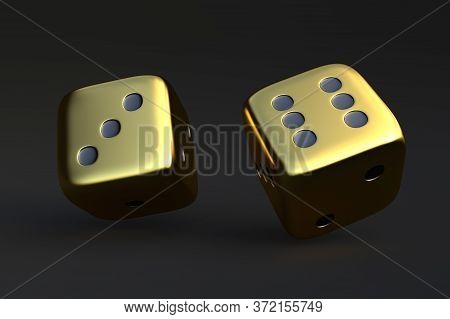 Two Rolling Dice, Poker Dice, Ivories, Bone, Devil's Bones On Dark Background In Gold Colors With Co