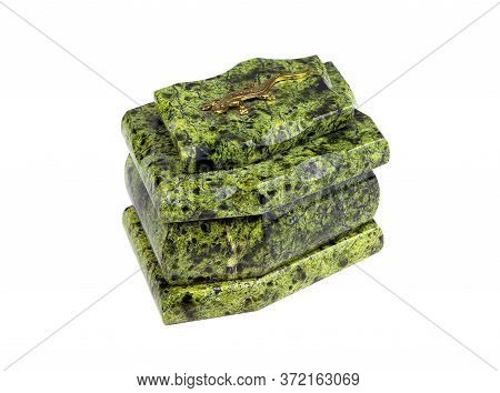 Serpentine Box Isolated. A Casket Made Of Natural Stone. Green Casket From Stone Coil. A Ophite Cask