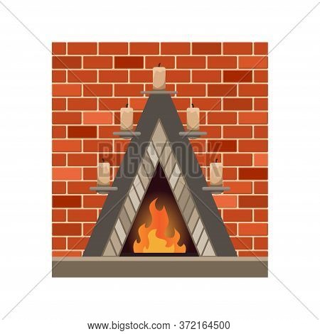 Vector Home Fireplace With Fire. Vintage Design Of Stone Oven With Fireside. Flat Icon Design. Illus