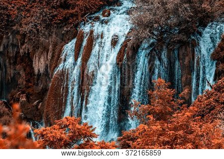 Autumn Gold Kravice Waterfall On The Trebizat River In Bosnia And Herzegovina. Fall Miracle Of Natur