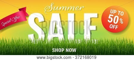 Summer Sale With Label And Grass With Gradient Mesh, Vector Illustration
