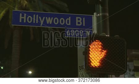 Street Sign Hollywood Boulevard In Los Angeles - Night View - Los Angeles, Usa - April 21, 2017