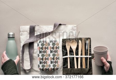 Creative Top View, Zero Waste Packed Lunch Concept, Takeaway Lunch Box Set With Bamboo Cutlery, Reus