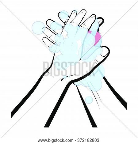 Man Washes His Hands, Palms With Colored Soap. Compliance With Hygiene, Precautionary Measures Durin