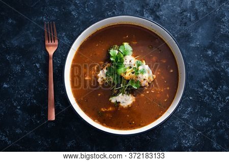 Plant-based Food, Vegan Lentil Soup With Caulini And Broccolini And Vegan Cream Cheese Topping