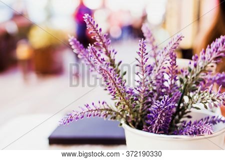 Fresh Lavanda Bouquet On A Table In A Sunny Summer Day In The City Outdoors