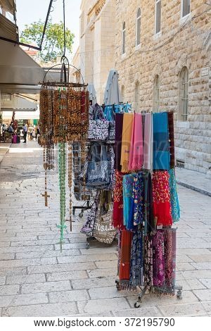 Jerusalem, Israel, June 13, 2020 : Souvenir Stands In The Shop Of A Souvenir Merchant On Muristan St