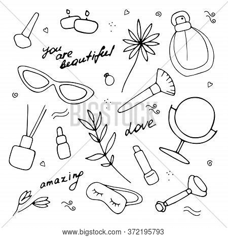 Woman Set. Beauty Accessories And Cosmetic Products. Skin Care Collection. You Are Beautiful And Ama